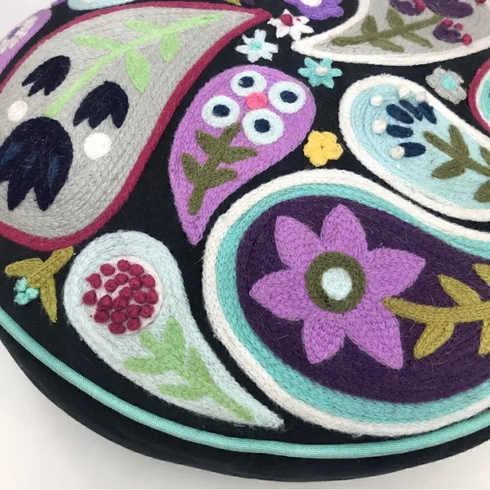 Pottery Barn Colorful Paisley Crewel Stitch Round Decor Toss Pillow